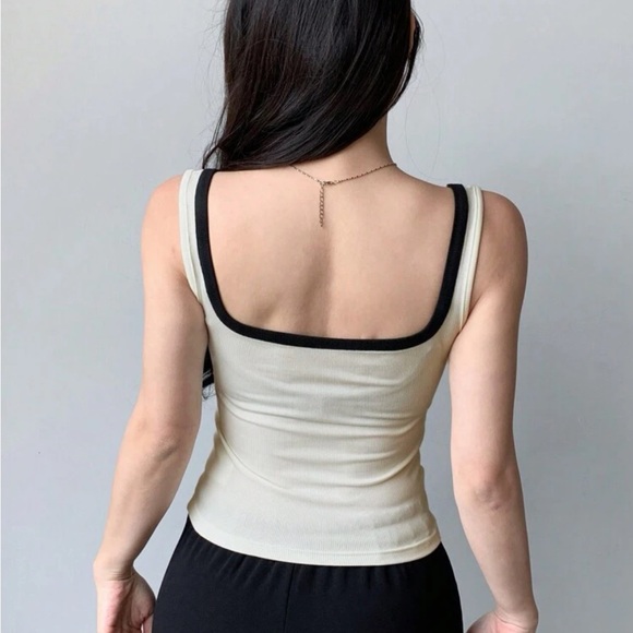 Ivory with black trim square neck stretchy fitted bodycon tank top - Picture 5 of 5